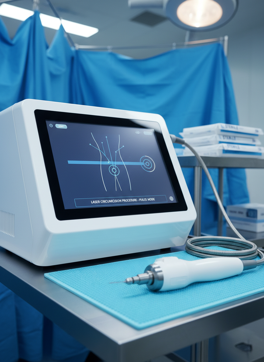 A close-up, photographic-realistic view of a cutting-edge laser surgery workstation for urology, featuring a pristine white console with touch-screen interface showing a simplified schematic of a circumcision laser procedure in blue and gray tones. Next to it, a fiber-optic laser handpiece rests carefully on a silicone mat atop a stainless-steel table, its cable neatly coiled. The background shows slightly blurred, sterile blue surgical drapes and neatly arranged, unopened instrument packs. Soft, cool operating-room lighting highlights the subtle reflections on metal surfaces and the smooth plastic textures, creating a high-tech yet calm mood. Shot at a three-quarter angle with shallow depth of field, the image emphasizes precision, safety, and advanced minimally invasive treatment.