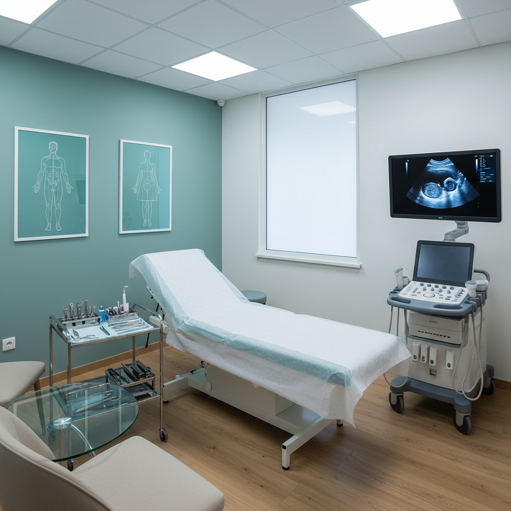 A meticulously arranged urology consultation room with a spotless examination table covered in crisp white paper, a stainless-steel instrument tray, and a high-resolution ultrasound machine angled toward a wall-mounted display showing a clear, blue-tinted renal ultrasound image. The walls are painted in a soft, desaturated teal, complemented by minimalist anatomical posters of the urinary system in clean line art. Cool, even overhead LED lighting and subtle natural light from a frosted window create a bright yet gentle atmosphere with almost no harsh shadows. Captured from a slightly elevated corner angle, the composition reveals the entire room, conveying order, advanced technology, and trustworthiness in a realistic, modern photographic style.