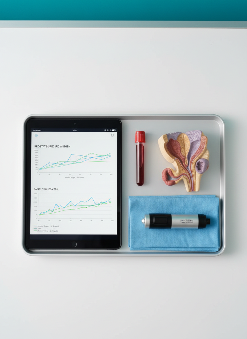 A detailed still life of diagnostic tools used in urology for prostate evaluation, arranged with geometric precision on a light gray, non-reflective medical tray. A sleek digital PSA blood test report with clear, legible charts in blue and green lies flat, next to a small vacutainer tube, a digital rectal exam model of the prostate in muted anatomical colors, and a compact transrectal ultrasound probe resting on a folded blue sterile drape. The background is an uncluttered white countertop with a hint of teal wall above. Soft studio lighting from the left creates gentle shadows and crisp highlights, reinforcing a clinical, scientific mood. Captured from a directly overhead, flat-lay perspective with sharp focus across the frame, the composition feels organized, educational, and trustworthy.