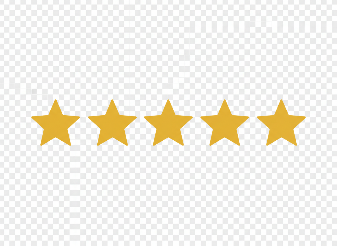 Fila horizontal de 5 estrellas de valoración en color dorado sólido, fondo completamente transparente, estilo de ícono minimalista y plano, pensada como franja de calificación para testimonios médicos profesionales.