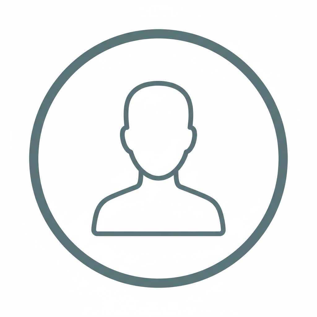 Flat, monochrome medical-style avatar icon of a generic patient: simple circular silhouette of head and shoulders inside a round border, clean line art, neutral teal-gray tones on transparent background, no facial details, minimal and professional, suitable for doctor testimonials, consistent with modern medical website design.