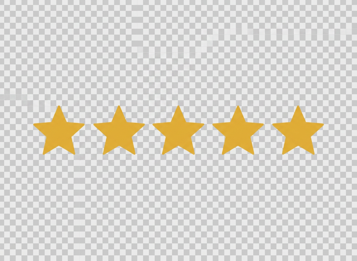 Five-star rating symbol set Five yellow stars in a horizontal row symbolizing a five-star rating.