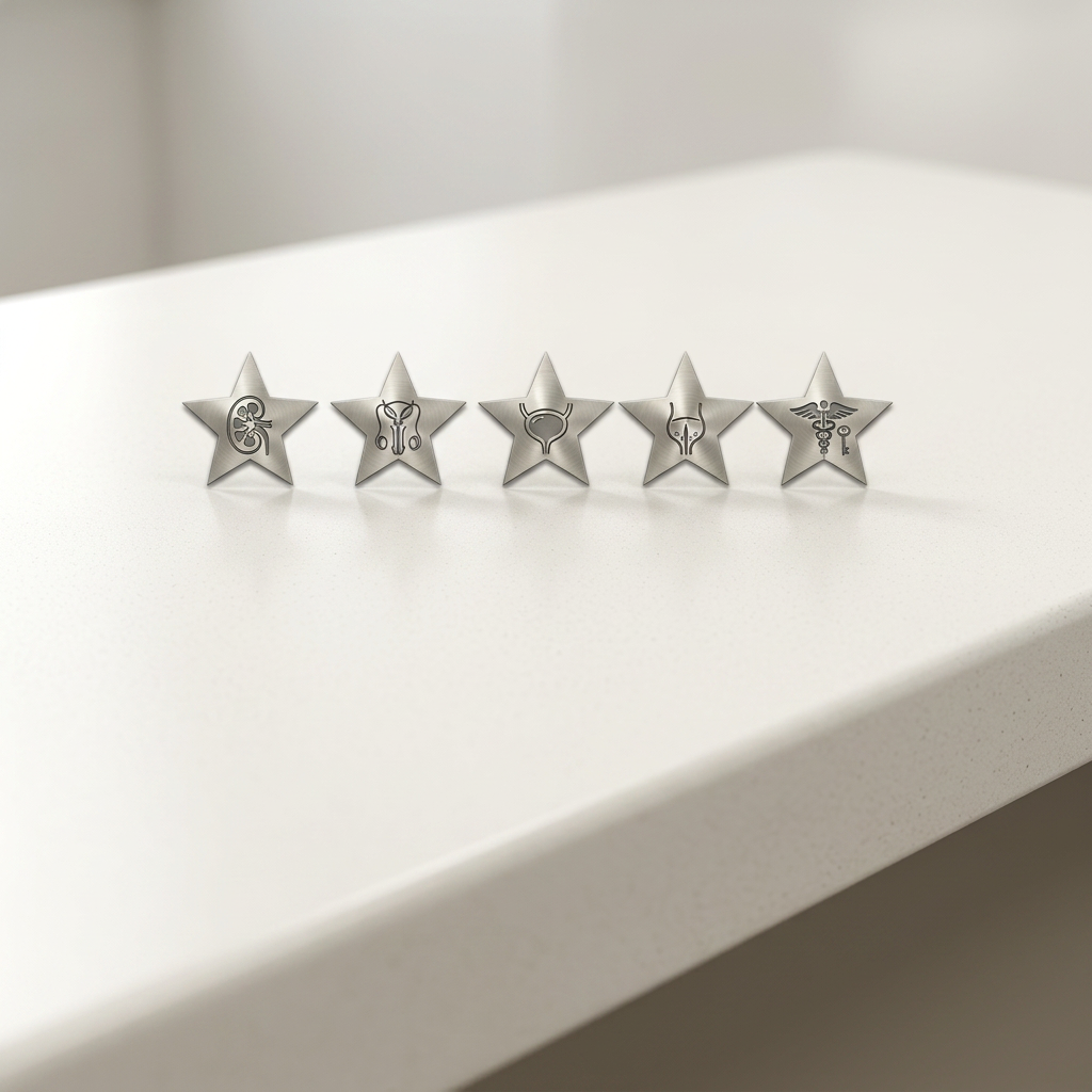 Medical specialty icons on metallic stars Five metallic star pins each engraved with different medical symbols
